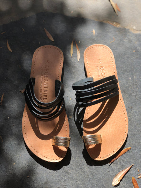 CLIO Black and Gold Leather Sandal