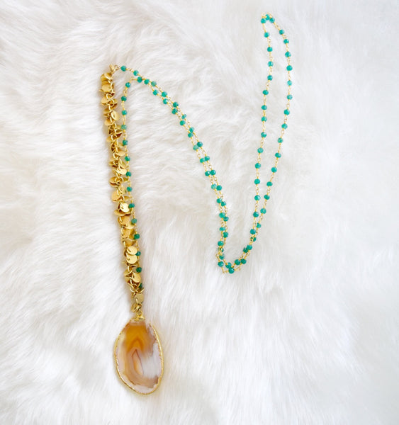 Kat Blink - Caramel Agate With Summer Love Chain & Emerald Rosario Silver Gold Plated Chain 18K