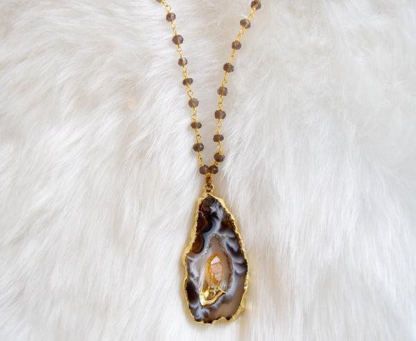 Kat Blink - Chalcedony Within Citrine Drop With Smoky Quartz  Rosario Silver Gold Plated 18k Chain
