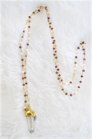 Kat Blink Clear Quartz, Amethyst Drop With Multi Crystal Rosario Silver Gold Plated 18k Chain