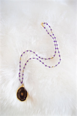 Kat Blink Black Agate With Black Onyx With Amethyst & Gold Pyrite Rosario Black Chain